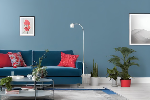 A Crimson Couch and Coffee Table Potted Plants Blue Theme Wall Minimalist Room