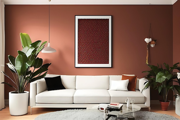 A Crimson Couch and Coffee Table Potted Plants Brown Theme Wall Minimalist Room