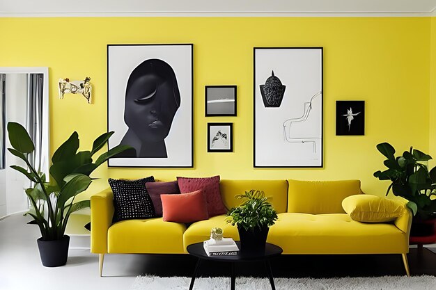 A Crimson Couch and Coffee Table Potted Plants Golden Yellow Theme Wall Minimalist Room