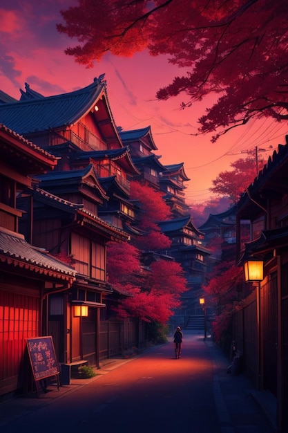 Premium AI Image | Crimson Dawn Japanese Village Illustration