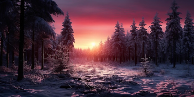 Crimson dawn over a tranquil pine forest in winter