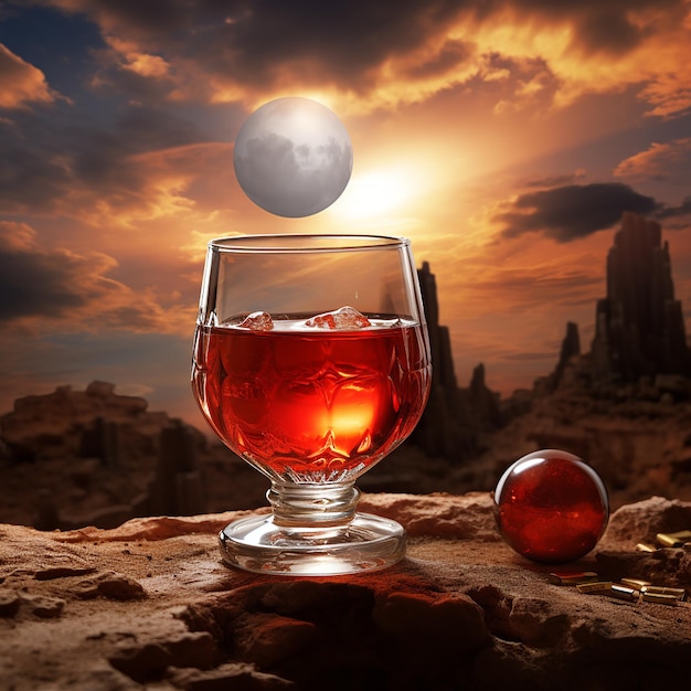 Crimson Horizon Red Glass with Cloudy Sky