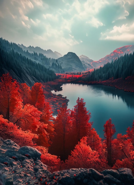 Crimson Lake Valley A Mountain Haven with Red Trees