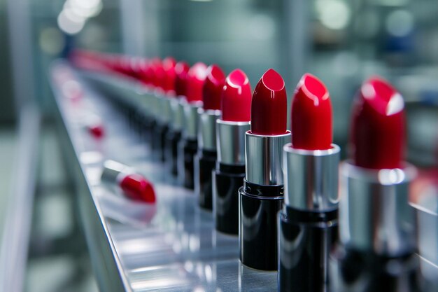 Crimson lipsticks with sleek black casings are neatly aligned on a production conveyor beauty industrys precision perfect for use in fashion and manufacturing content