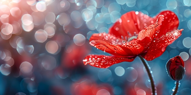 Crimson Poppy met dauwdruppels op bloemblaadjes tegen een Bokeh