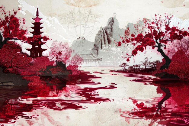 A crimson river winds through a papercut valley Its banks are adorned