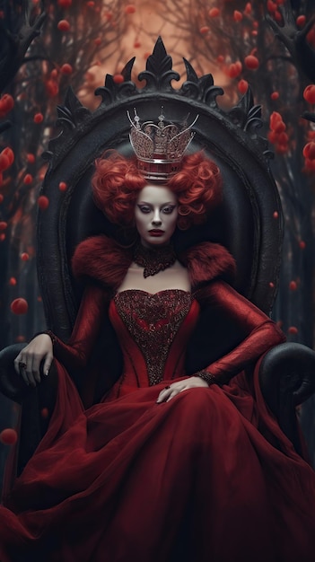진홍색 왕족 여왕 의자에 판타지 레드 드레스를 입은 매혹적인 여인 실존 인물이 아님 생성 AIu