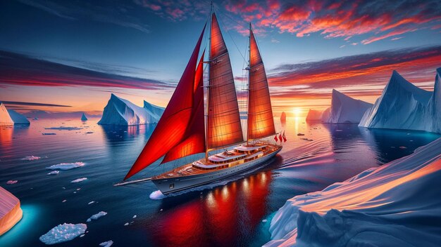 Crimson Sails Amidst Icebergs Arctic Ocean Adventure at Sunset