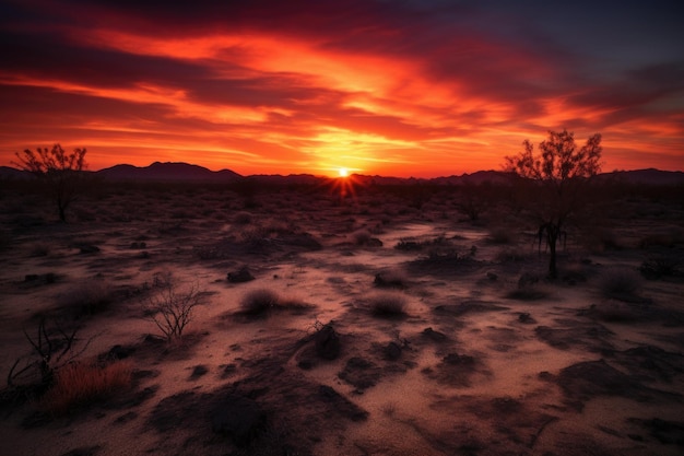 生成 AI で作成された不毛の砂漠の風景に沈む深紅の夕日