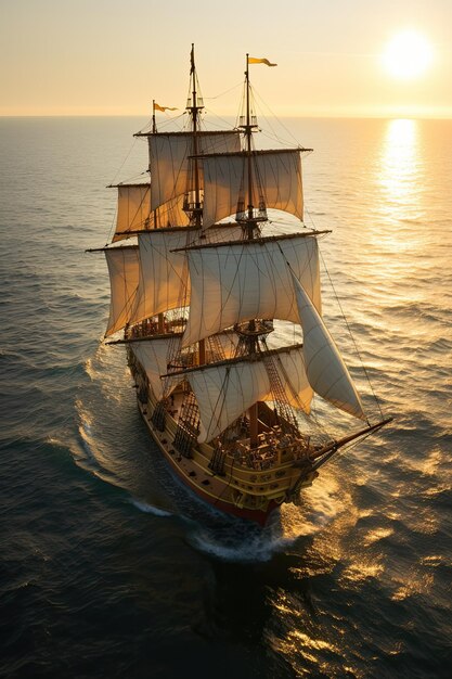 Crimson tide small sailing ship in the open sea at sunset