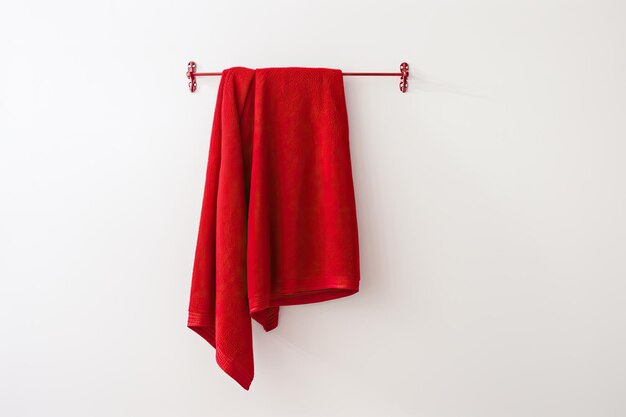 A crimson towel hanging on a hook juxtaposed against a pristine white wall