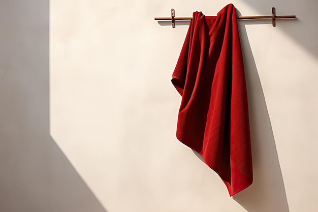 A crimson towel hanging on a hook juxtaposed against a pristine white wall