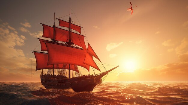 Crimson Voyage Sunlit Ship in 8K Glory