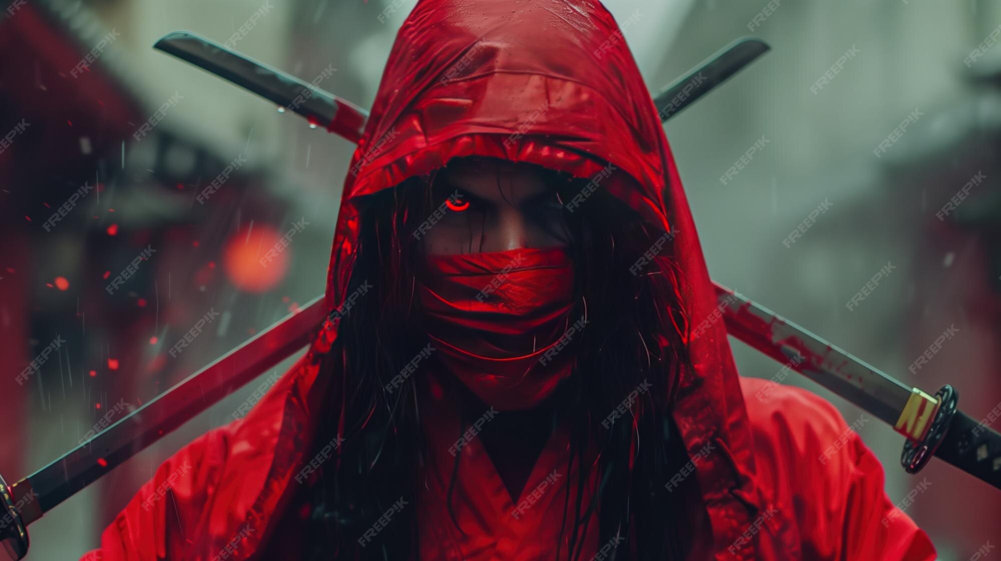 Premium Photo | Crimson Warrior in the Rain An enigmatic figure 