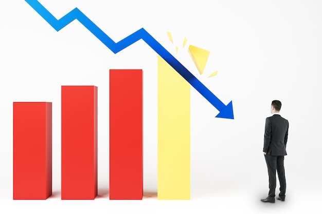 crisis concept with businessman looking at blue arrow breaking business chart