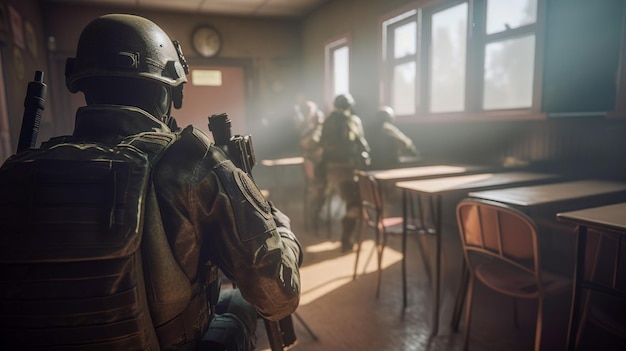 A Crisis at School SWAT Team Members Enter Classroom to Protect and Serve Generative AI