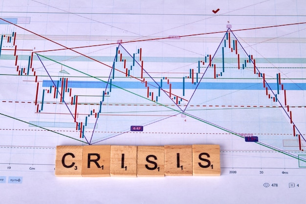 Crisis word of wooden cubes and statistic graphs.