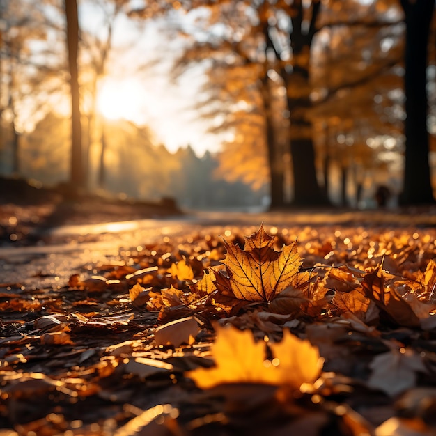 A crisp autumn landscape with golden leaves on the trees and soft sunlight filtering through