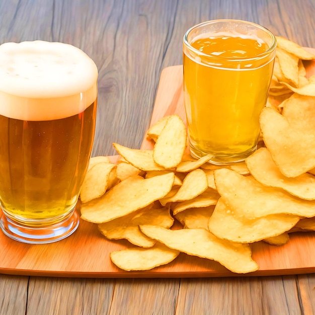 Crisp in bowl with beer in glass top view wooden background copy space photo