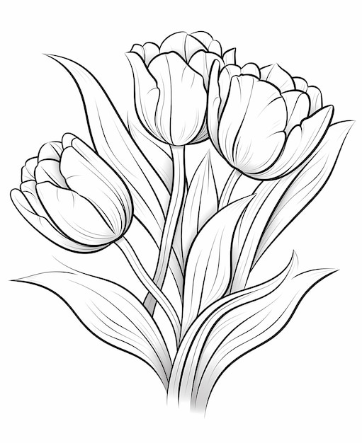 crisp coloring book pages for kids tulips line art black and white no color