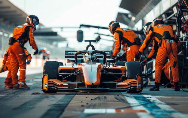 Crisp image of an orange race car on track with pit crew in action during a strategic stop symbolizing precision and teamwork