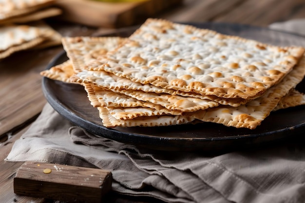 Crisp Matzo Spread on Dark Plate Classic Passover Table Delight