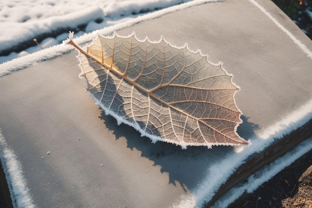 Photo crisp morning frost outlining a fallen brown leaf