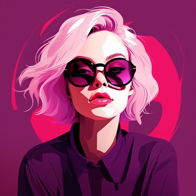 Photo crisp neopop illustration studio portrait of a girl in sunglasses