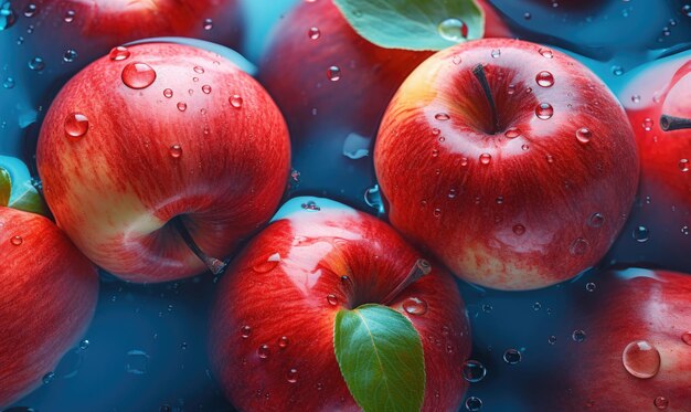 Photo crisp red apples with droplets water vibrant against a blue backdrop ai generative