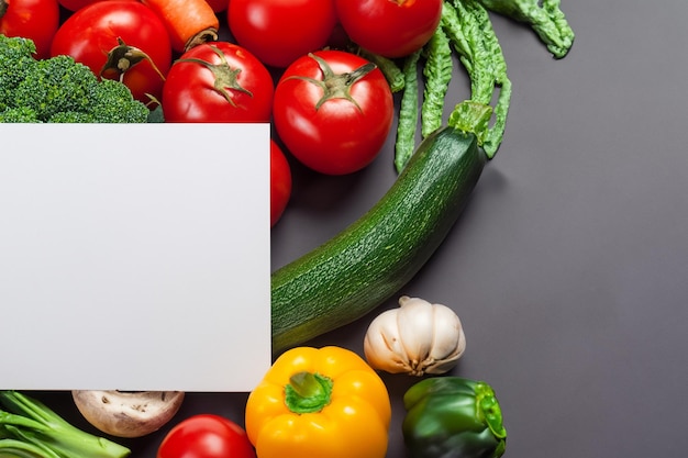 Foto un carta bianca frizzante in mezzo a una serie di verdure fresche che illustrano un vivace arazzo di nature