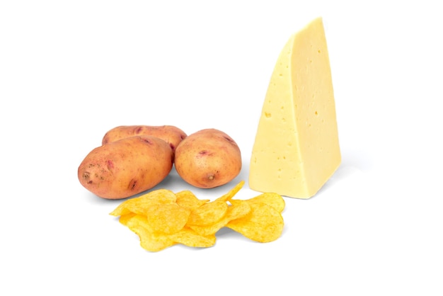 Crisps, cheese and potato isolated on white.