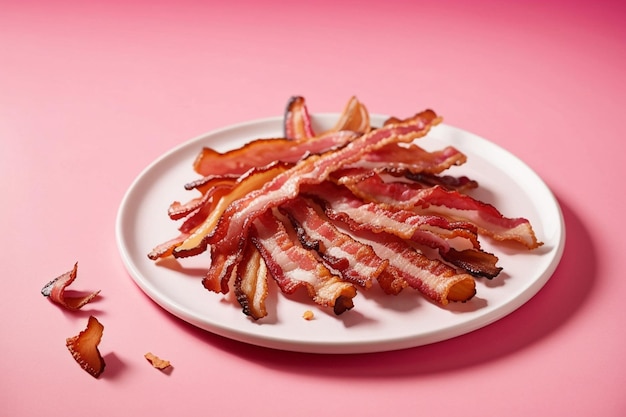 Crispy bacon strips on a plate pink background