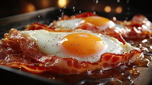 Crispy bacon with egg on top black and blurry background