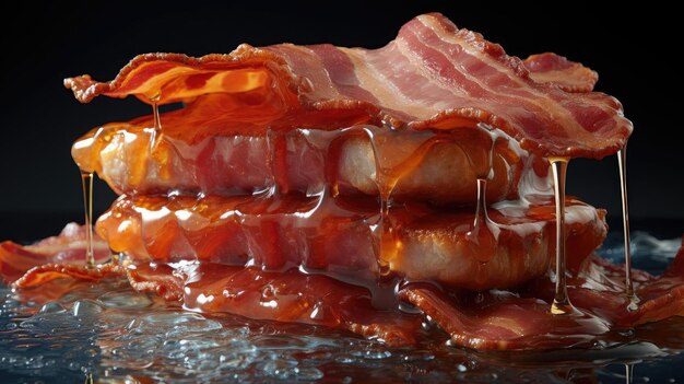 Crispy bacon with melted oil on black and blurry background