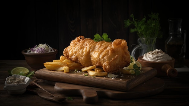 Crispy beerbattered fish and chips Dieting food concept