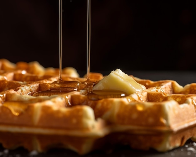 Photo crispy belgian waffles with butter and honey