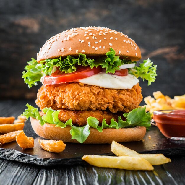 Photo crispy cheesy chicken patty burger with fries and dips