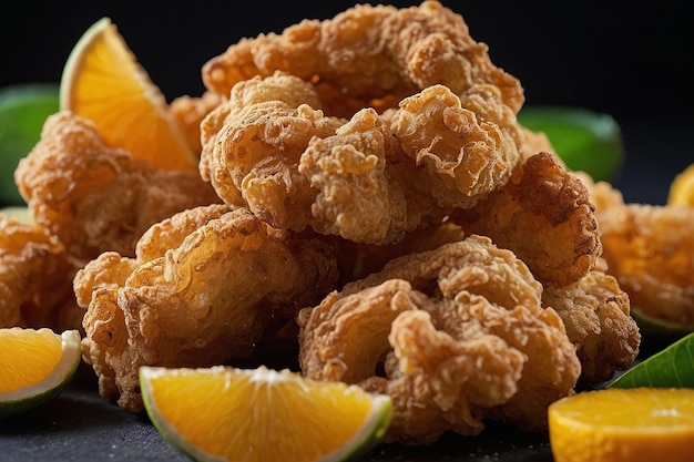 Foto chicharron croccante con frutta tropicale