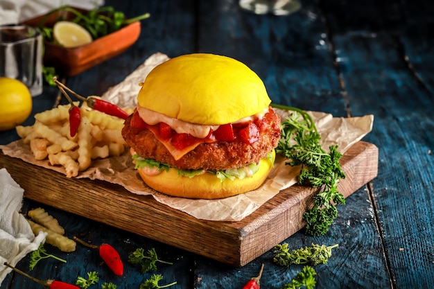 Photo crispy chicken burger appetizing chicken burger with fresh vegetables and sauce served