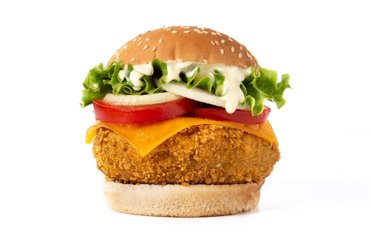Photo crispy chicken burger with cheese isolated