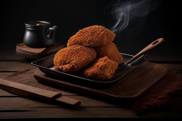 Хрустящая курица на деревянном столе с темным дымящимся фоном