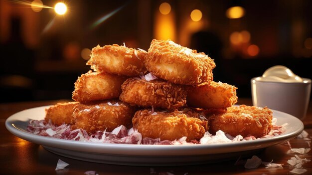 Crispy chicken nuggets with mayonnaise on a plate with a blurred background