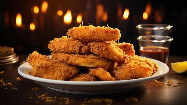 Crispy chicken nuggets with mayonnaise on a plate with a blurred background