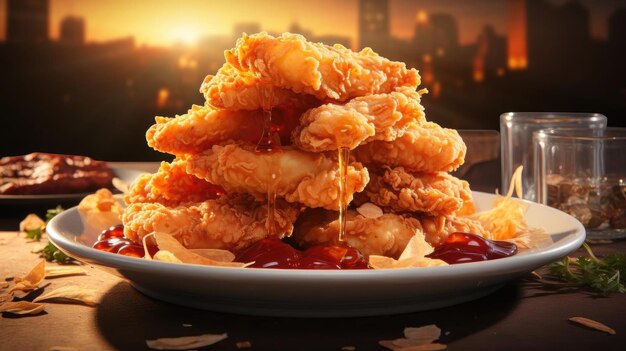 Crispy chicken nuggets with mayonnaise on a plate with a blurred background