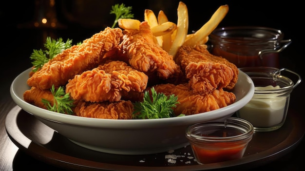 Crispy chicken nuggets with mayonnaise on a plate with a blurred background