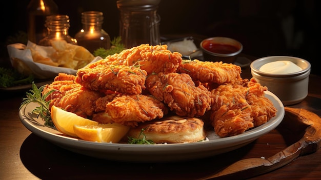 Crispy chicken nuggets with mayonnaise on a plate with a blurred background