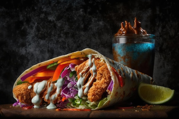 Crispy chicken shawarma wrap with pickled veggies and sauce created with generative ai