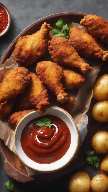 Crispy chicken snack with sauce and potatoes