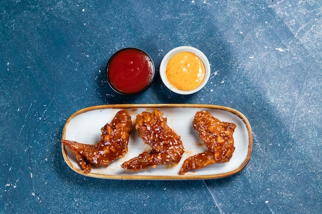 Crispy chicken wings with ketchup and mayo dip served in dish isolated on background top view