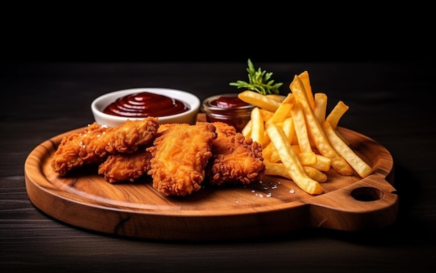 Crispy chicken with sauce and chips fried in wooden plate on reflective cement floor